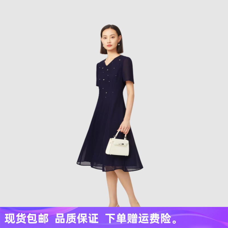 【简约显瘦】25年新品商场同款时尚气质V领显瘦手工订珠A字连衣裙