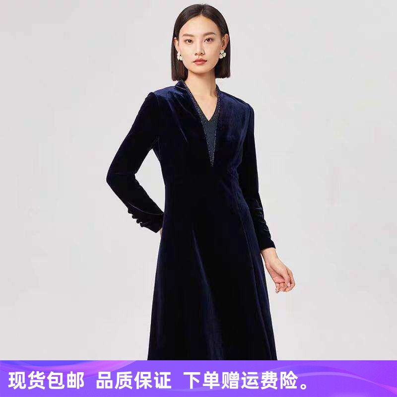 娜家女装商场同款秋冬季新款时尚v领钉钻显瘦优雅丝绒连衣裙子