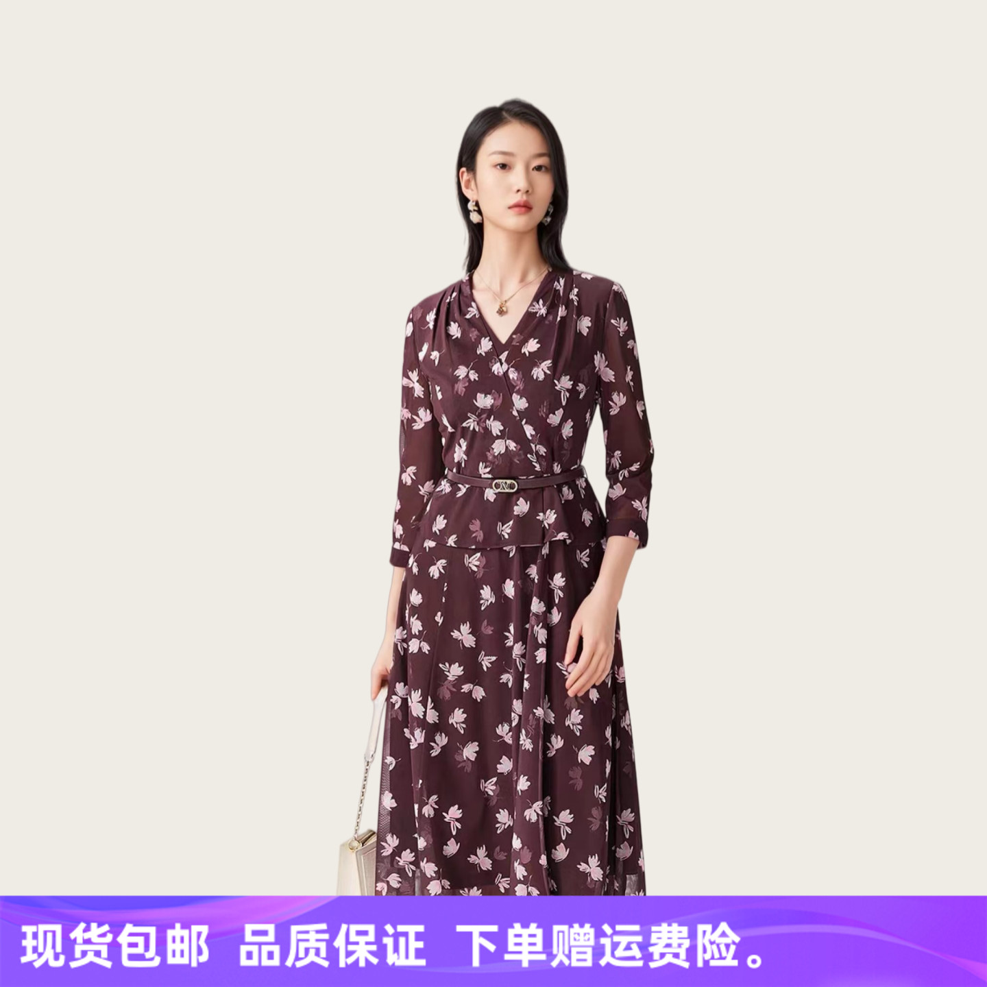 【配腰带】26早秋新品商场同款网纱烫钻印花显瘦气质假两件连衣裙图片