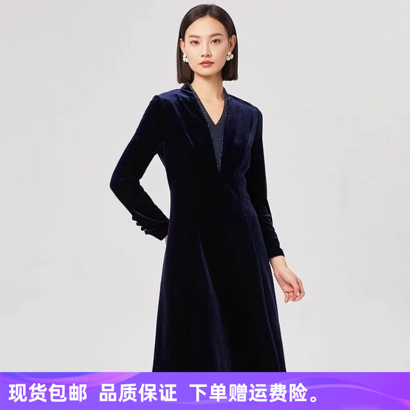 娜家女装商场同款2025秋季新款时尚v领钉钻显瘦优雅丝绒连衣裙子