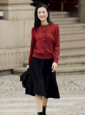 25年秋冬新款娜家商场同款红色气质简约长袖针织衫上衣NZ04058A6