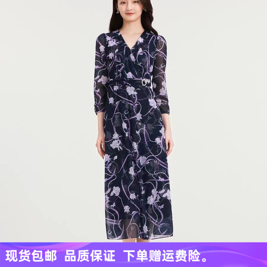 珂家商场同款25年秋季新款时尚气质收腰网纱印花连衣裙KF12510P5