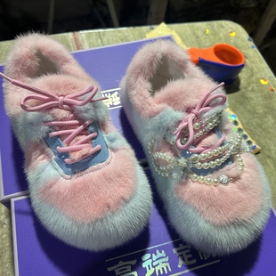 平底圆头百搭珍珠貂毛女鞋 女秋冬2025年新款 原创欧洲站毛毛鞋