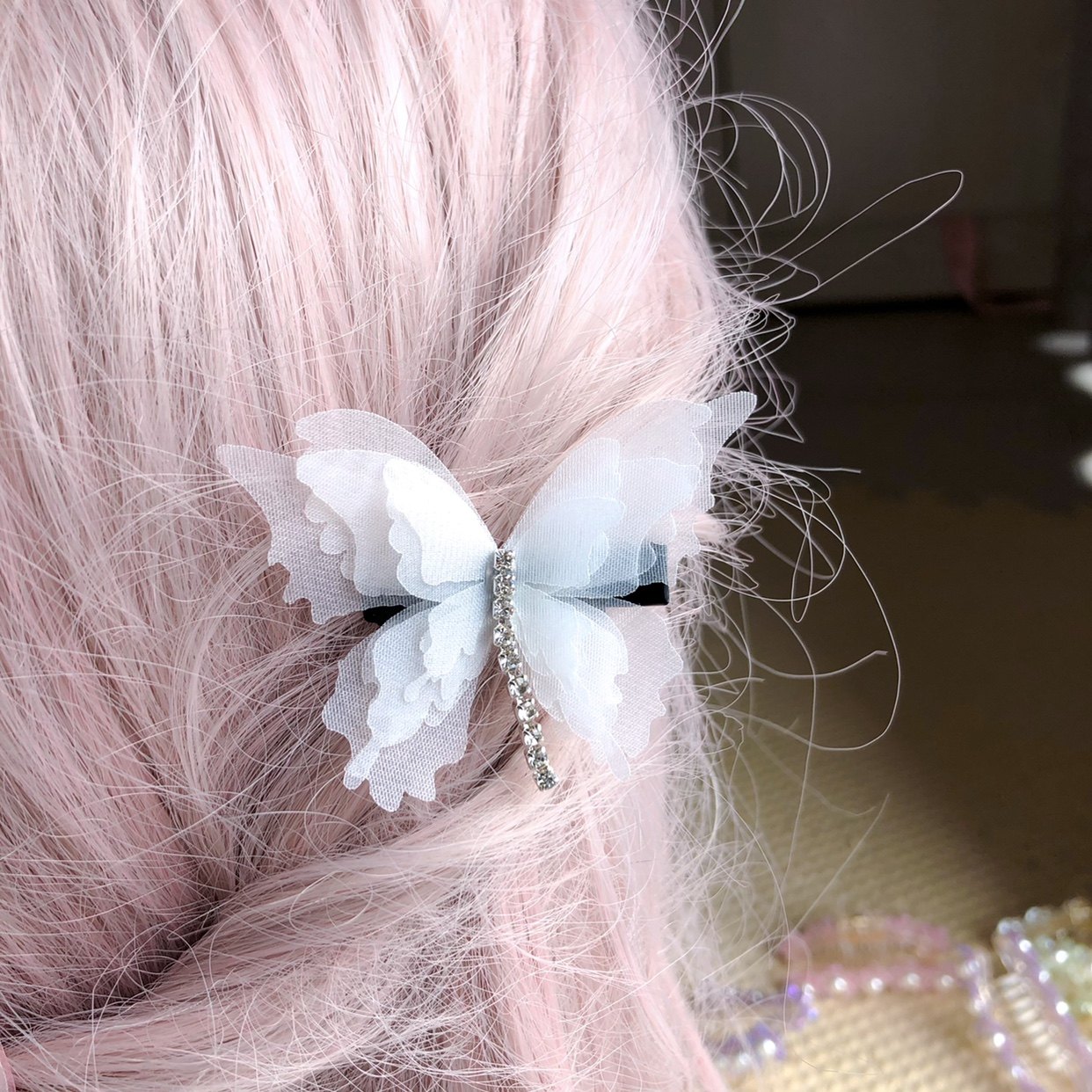 5片蝴蝶纱材料包diy立体透明白色纱蝴蝶花片头饰婚纱礼服装饰材料