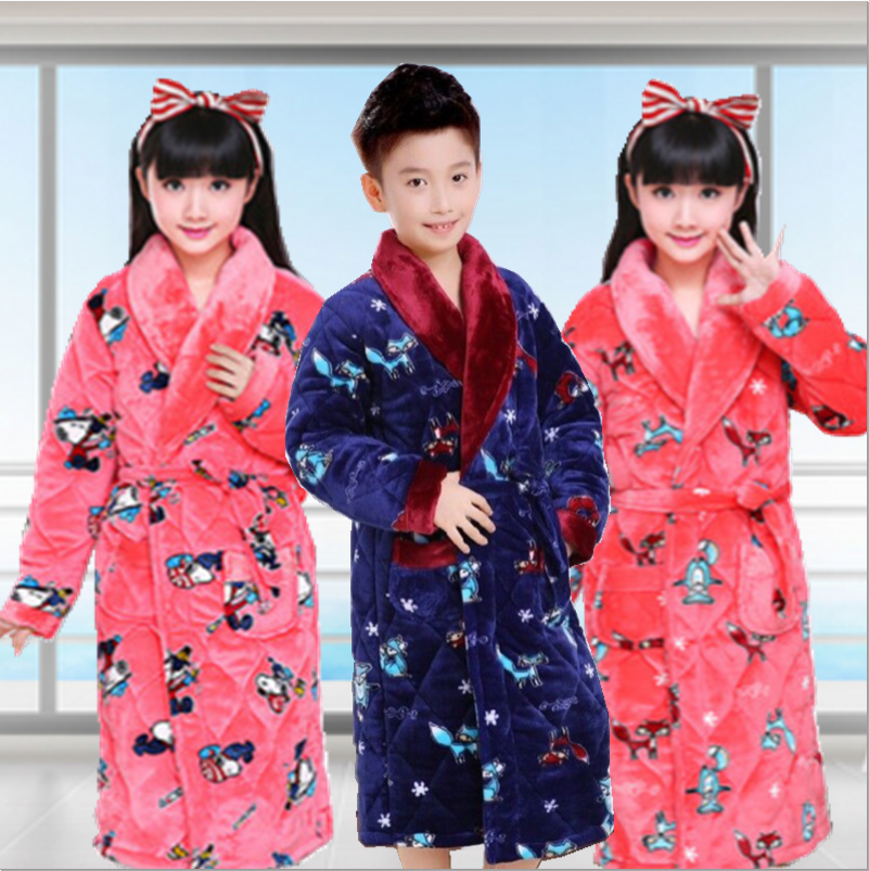 冬季儿童睡衣三层加绒加厚夹棉棉袄男女童长款大小童宝宝睡袍