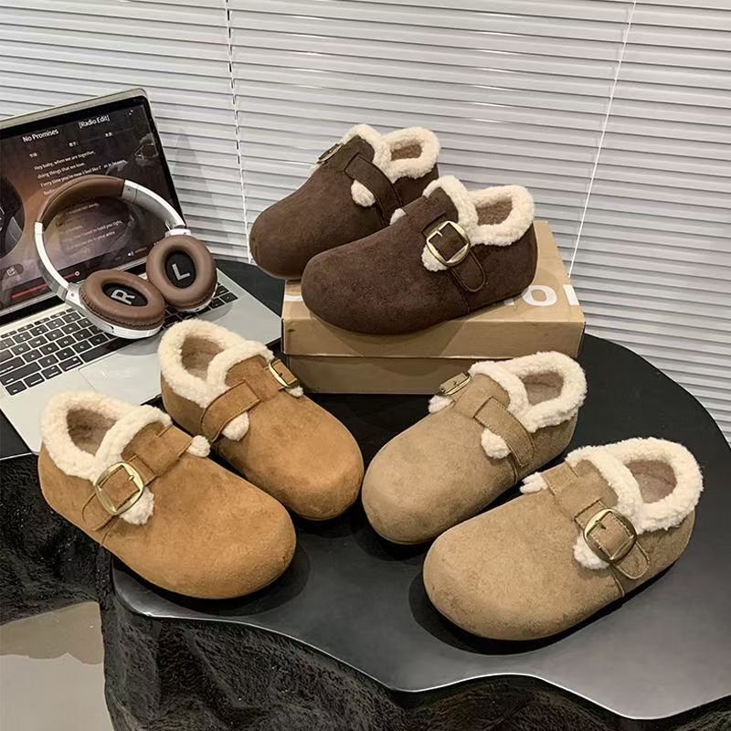 品牌真皮加绒勃肯鞋女冬季毛毛鞋全包防滑棉鞋女皮带扣休闲保暖