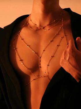 胸链男身体链肌肉男款项链身体装饰链条全身大码纯欲男士性感胸链