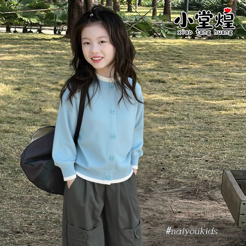 女童纯棉不起球假两件开衫2025春秋新款宽松休闲儿童针织薄款外套
