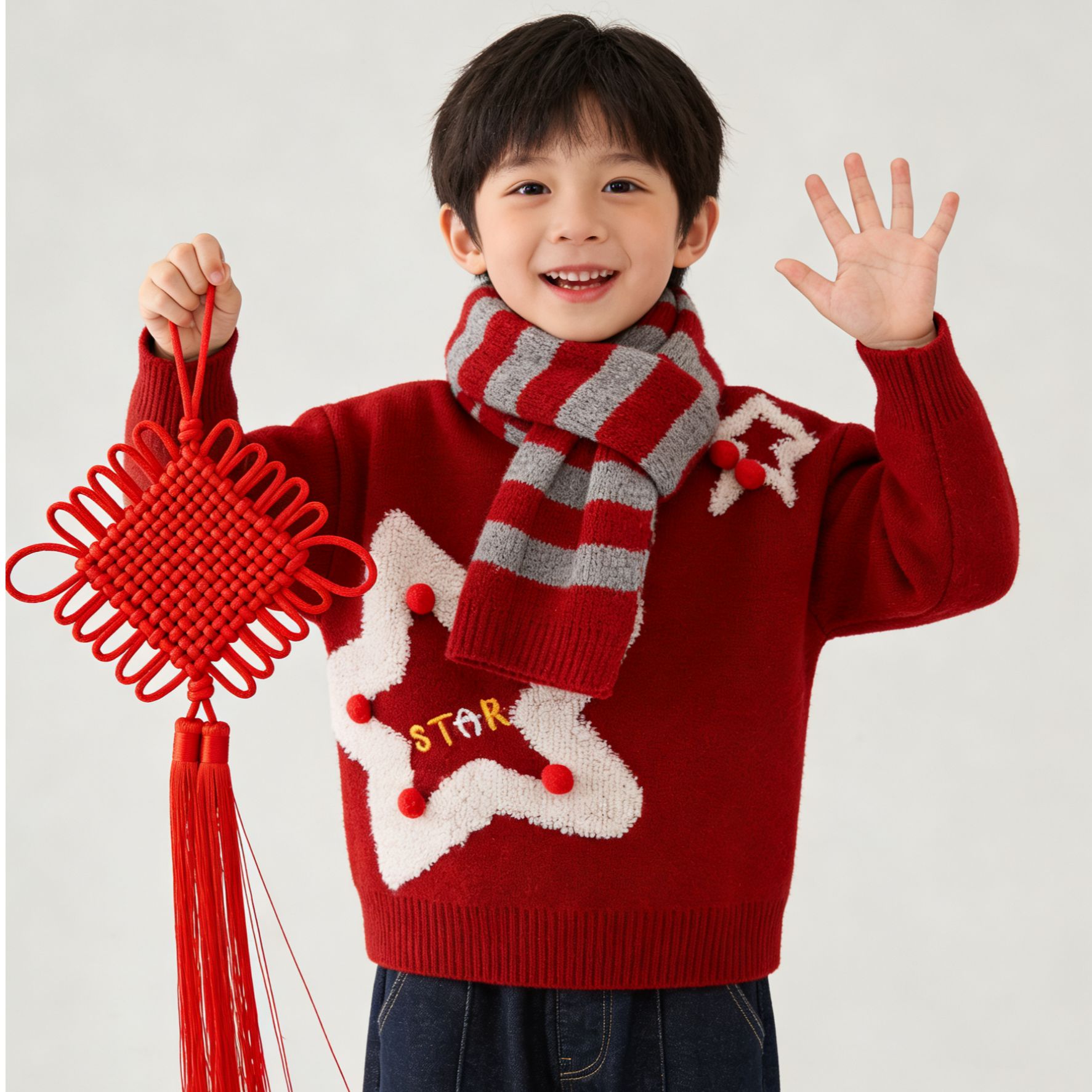 五角星红色毛衣加厚童男童冬季拜年新年针织套头圆领长袖保暖