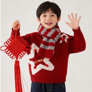 五角星红色毛衣加厚童男童冬季拜年新年针织套头圆领长袖保暖