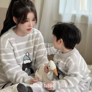 半边绒家居服A类厚款企鹅休闲风冬季亲子装加绒睡衣毛绒上衣儿童