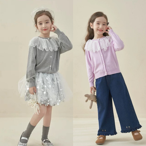 全棉女童针织开衫miu系儿童花边领上衣小童春秋款童装春外套薄款