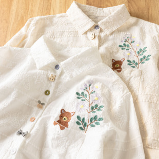 文艺百搭小清新彩扣上衣 女日系新款 树枝小熊刺绣口袋翻领长袖 衬衫