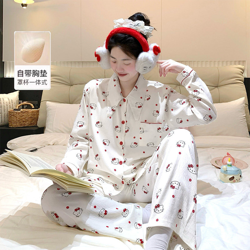 可爱甜美长袖睡衣女春秋夏季薄款云朵棉开衫翻领带胸垫家居服套装,女士内衣/男士内衣/家居服,睡衣/家居服套装,淘宝优惠券,粉丝福利购,淘宝优惠卷