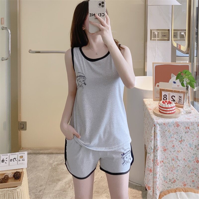 无袖睡衣女夏天薄款背心短裤家居服两件套装可爱休闲运动少女夏装