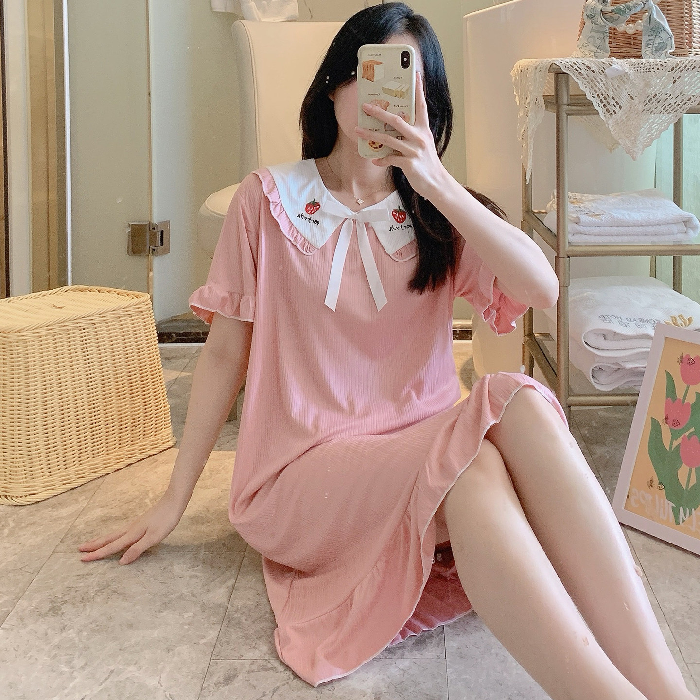 夏季娃娃领睡衣女短袖睡裙甜美初中生女孩子粉色宽松中长裙家居服
