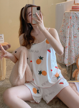 睡衣女夏季纯棉薄款性感吊带短裤两件套装卡通可爱白色菠萝家居服