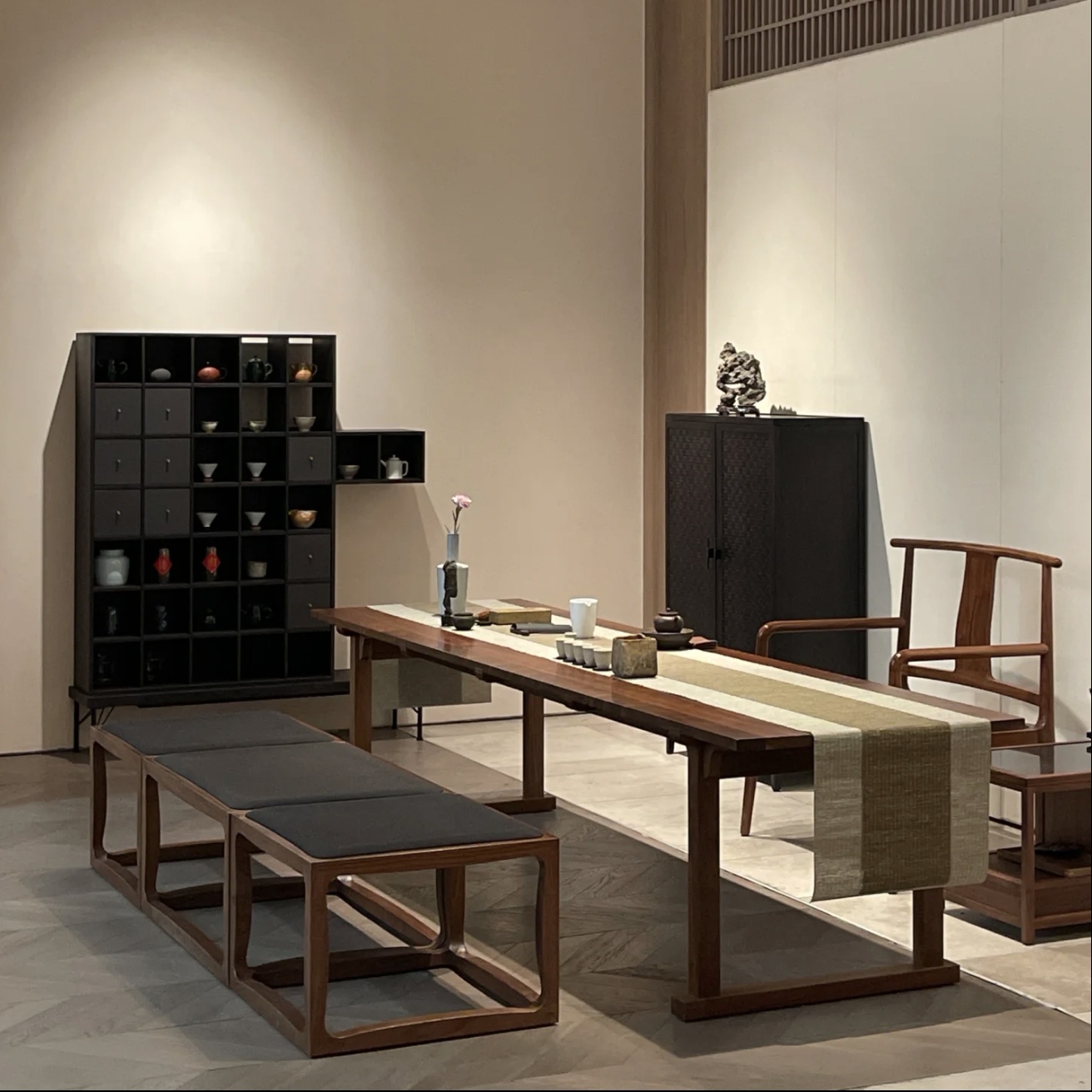 庭风茶桌北美黑胡桃现代茶室禅意茶桌新中式实木办公室简约茶台