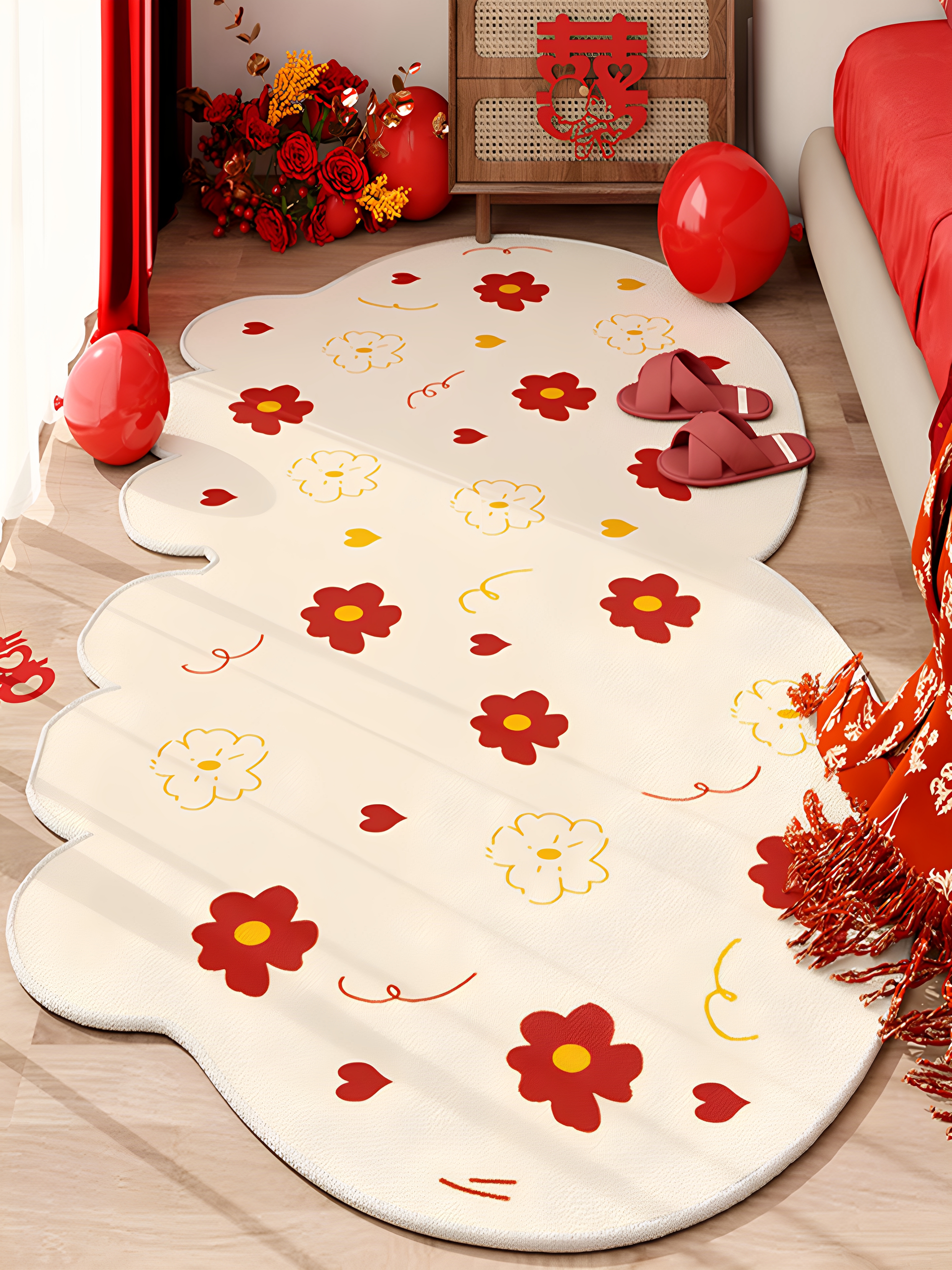 婚房布置结婚卧室床边毯婚礼喜庆装饰红色喜字不规则异形地毯地垫