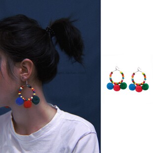 西藏尼泊尔度假旅行配饰波西米亚彩色糖果可爱毛球耳环大球球耳饰
