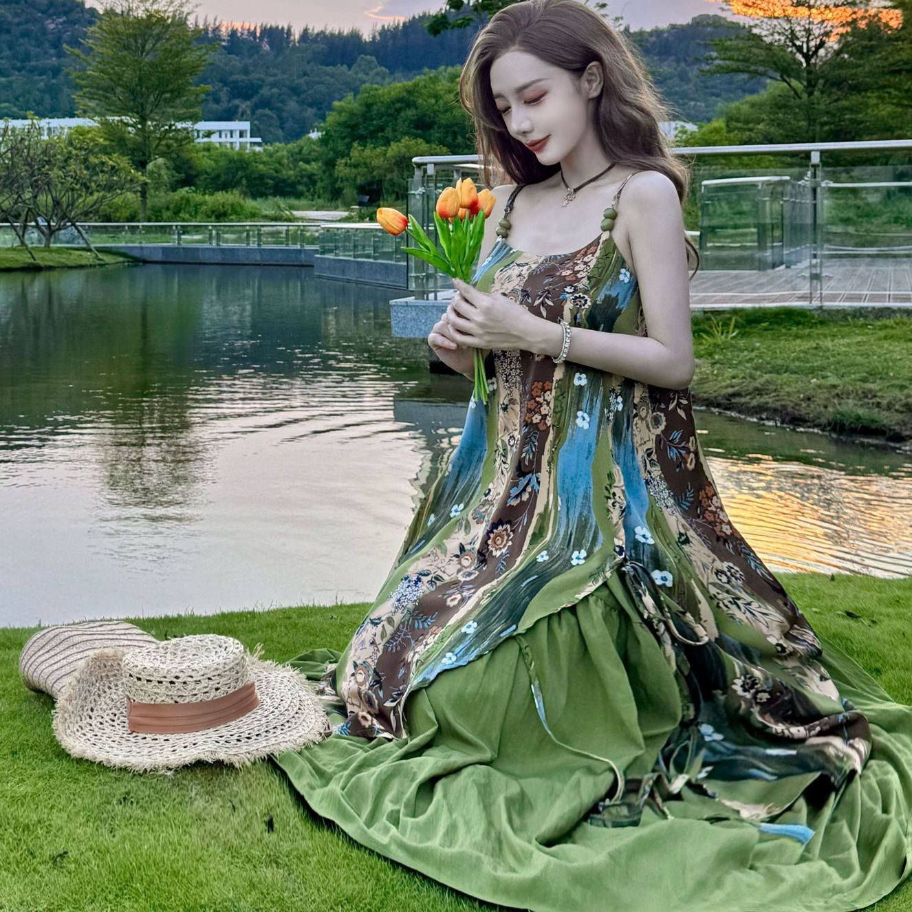 波西米亚甜美花卉印花吊带长裙女连衣裙