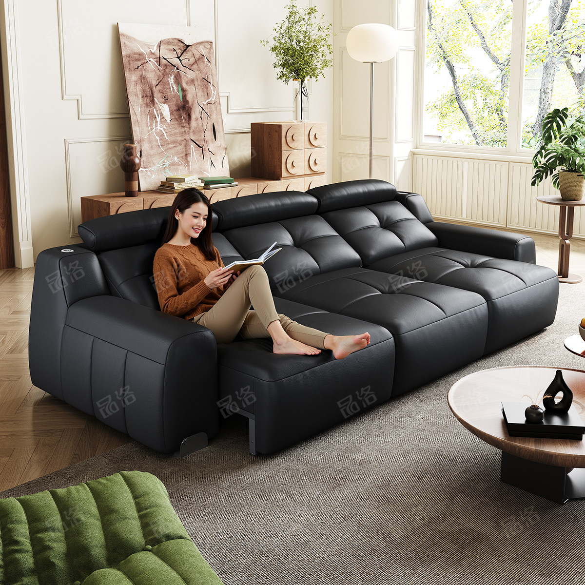 品洛大黑牛电动真皮功能沙发床客厅家庭影院黑色智能语音控制直排,住宅家具,功能沙发,淘宝优惠券,粉丝福利购,淘宝优惠卷