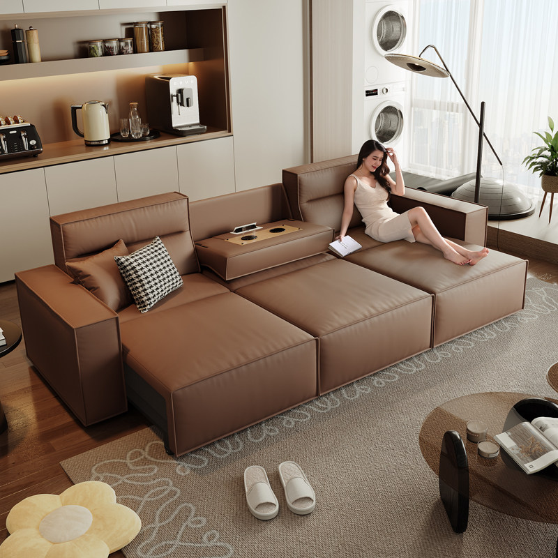 豆腐块电动伸缩沙发智能直排多功能零靠墙模块真皮头层牛皮沙发床