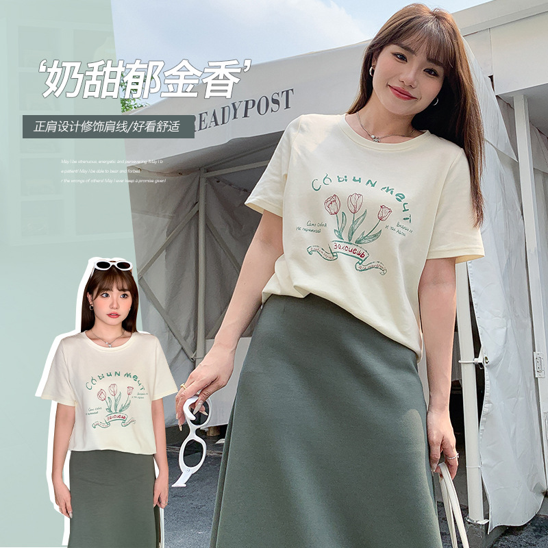原创设计奶甜郁金香印花短袖t恤胖mm大码女装圆领t正肩显瘦62528