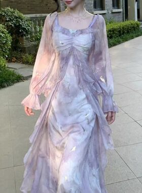 大码绝美紫色晕染烫金连衣裙女春季胖mm一字肩荷叶边仙气长袖裙子