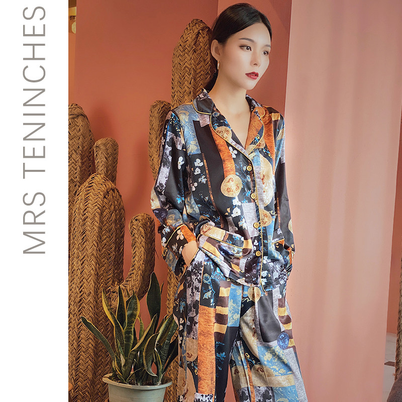 十寸夫人睡衣女春秋冬黄昏风铃丝绸家居服冰丝宽松韩版两件套装