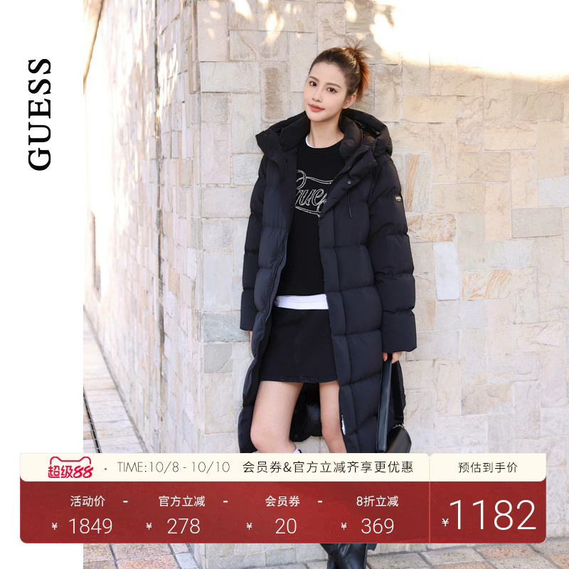 GUESS立领长款连帽羽绒服