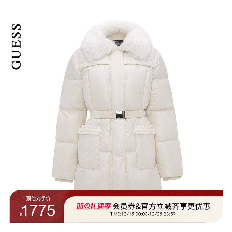 【秀智明星同款】GUESS女百搭毛领收腰中长款羽绒服