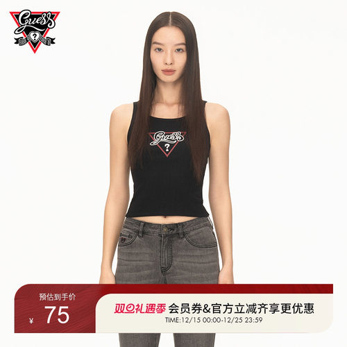 【GUESS x YUEQI QI联名系列】女士时髦罗纹针织撞色logo圆领背心