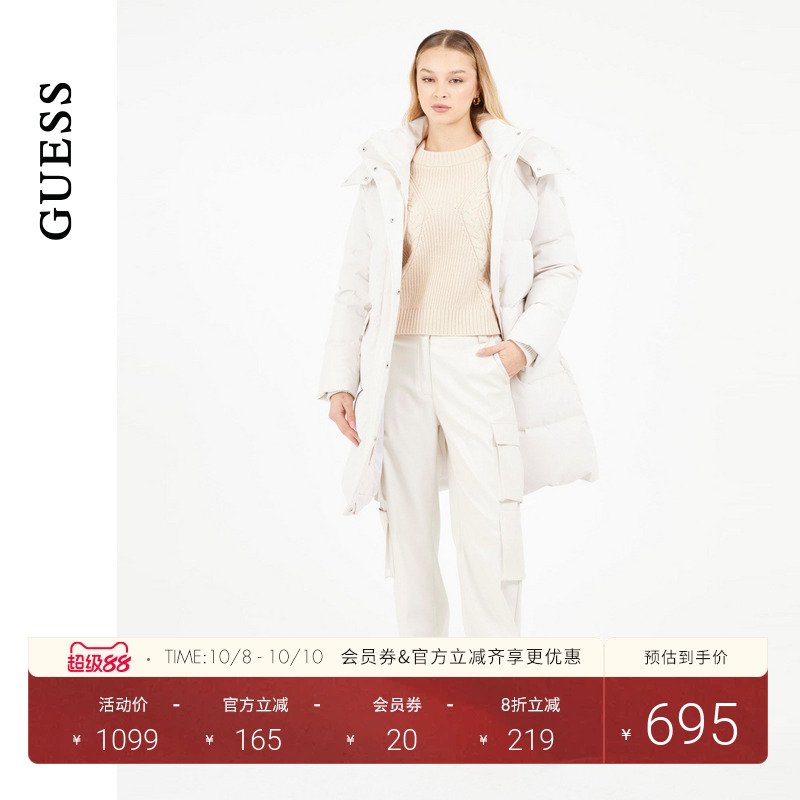 GUESS日常连帽中长款羽绒服