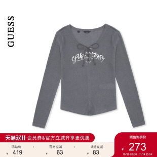 YP1K1412 T恤 GUESS女士字母印花蝴蝶结装 饰V领长袖