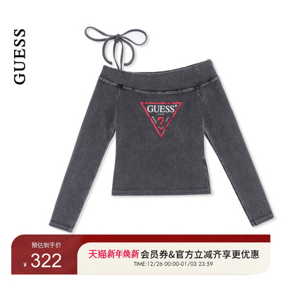 GUESS女士美式logo系带水洗牛仔露肩针织衫-YP1K1440