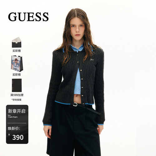 GUESS女士新款刺绣短款修身肌理感针织衫秋季宽松休闲开衫毛衣