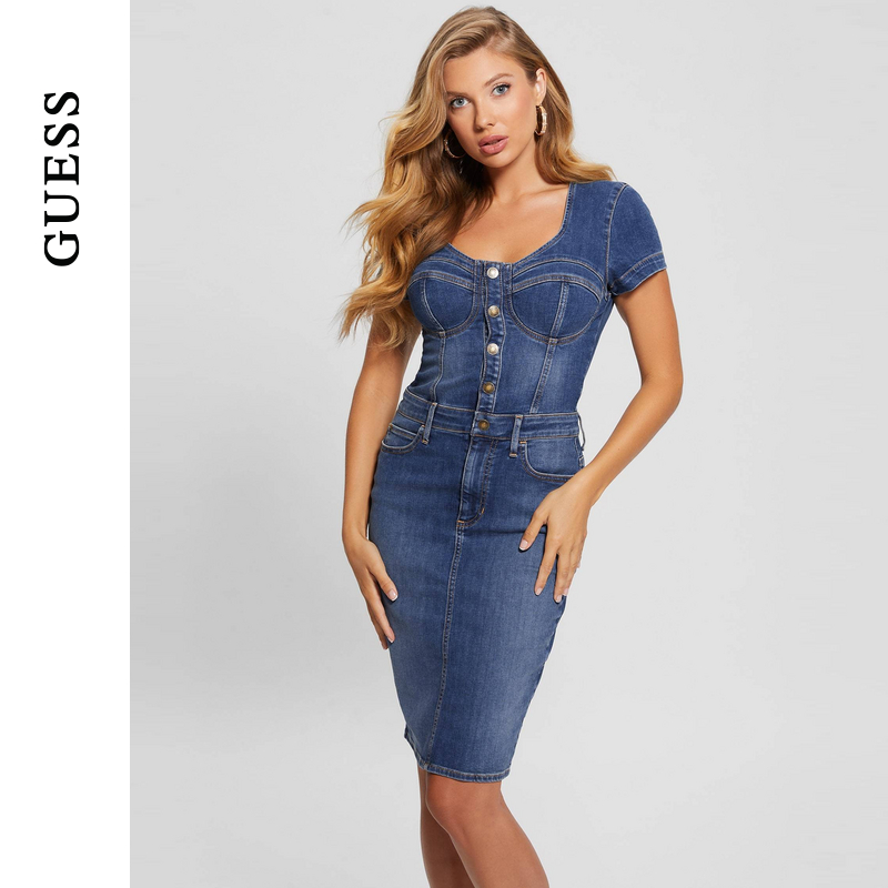 GUESS女士欧美修身立体剪裁牛仔连衣裙-W3BK1OD3ED0