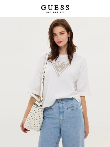 GUESS Женская французская чистое хлопковое бриллиантовое дизайн короткий круглый шейный плеч