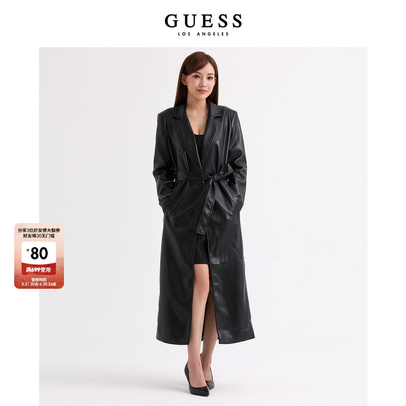 GUESS 女士超长防风领大衣气质PU皮衣风衣外套-W3BL64WF8P0 女装/女士精品 风衣 原图主图