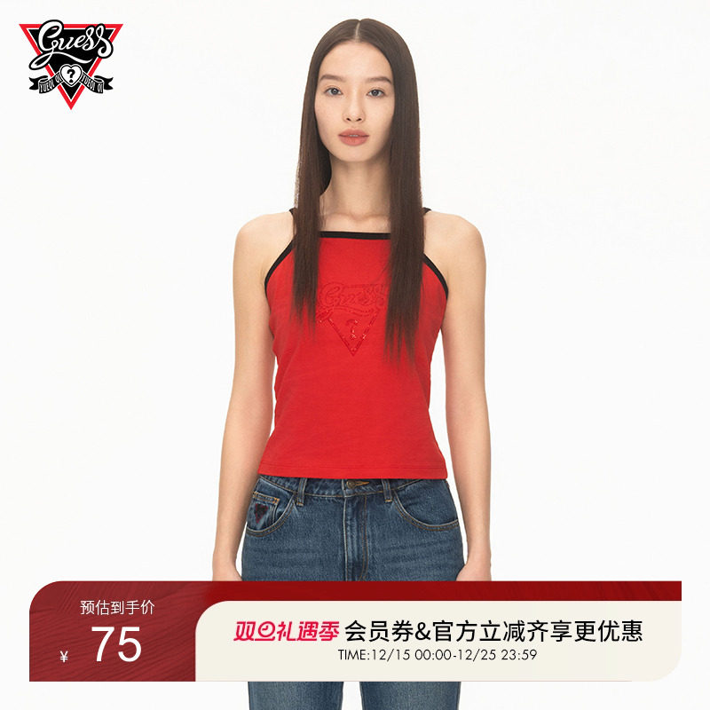 【GUESS x YUEQI QI联名系列】女士做旧修身一字领针织吊带背心