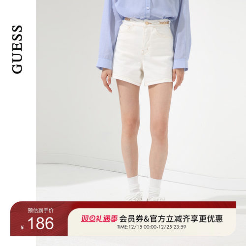 GUESS女士金属腰饰白金配色水洗短裤-W4PD1FD51V0