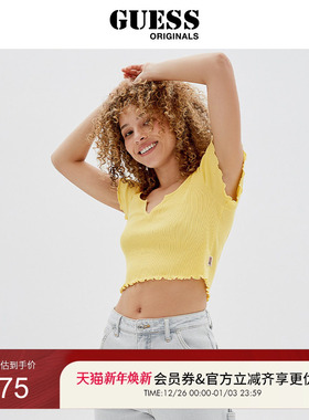 GUESS-女士潮流花边袖短款恤多巴胺T恤