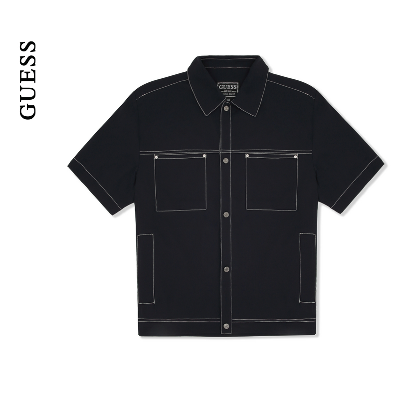 GUESS男士通勤百搭线条感纯黑百搭短袖衬衫-MO2W2855