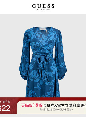 GUESS意大利女士蓝色印花温柔长袖系带收腰连衣裙