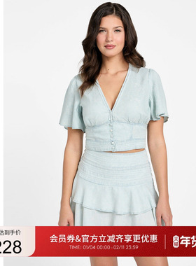 GUESS25年新款夏季女士V领纯色气质收腰短款上衣-W5GH82D5N81