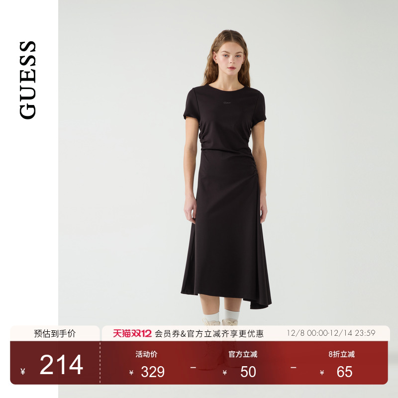 GUESS女士褶皱收腰圆领短袖气质连衣裙-W5PK1HK2Q40
