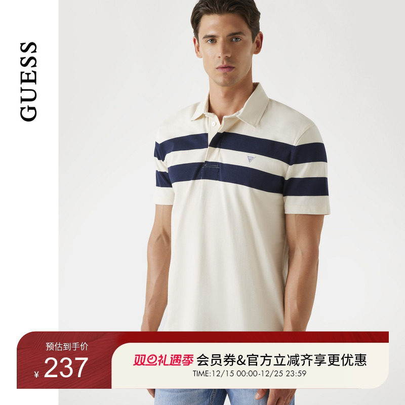 GUESS25年新款早秋男士翻领深蓝条纹商务休闲POLO衫-M5YP25K0241