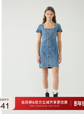 GUESS女士大方领短袖水洗牛仔连衣裙-W5PK1MD51V0