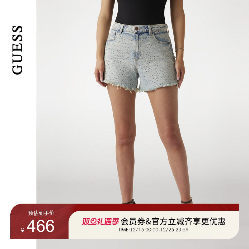 GUESS休闲满钻毛边牛仔短裤